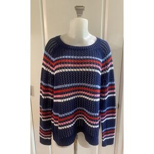 Talbots‎ Striped Open Weave Sweater Navy Red Pink White Size XLP Crochet Coastal